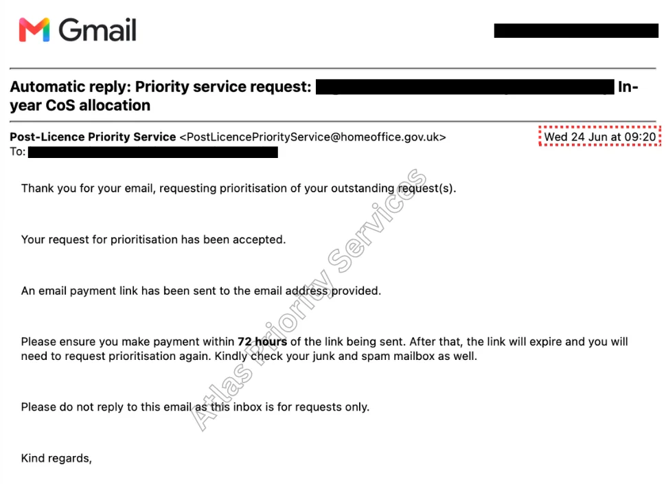 Priority service confirmation secured on 24 Jun 2026