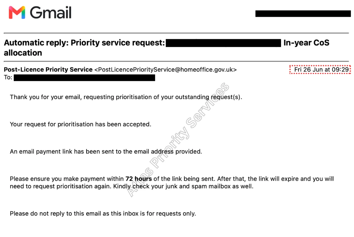 Priority service confirmation secured on 26 Jun 2026