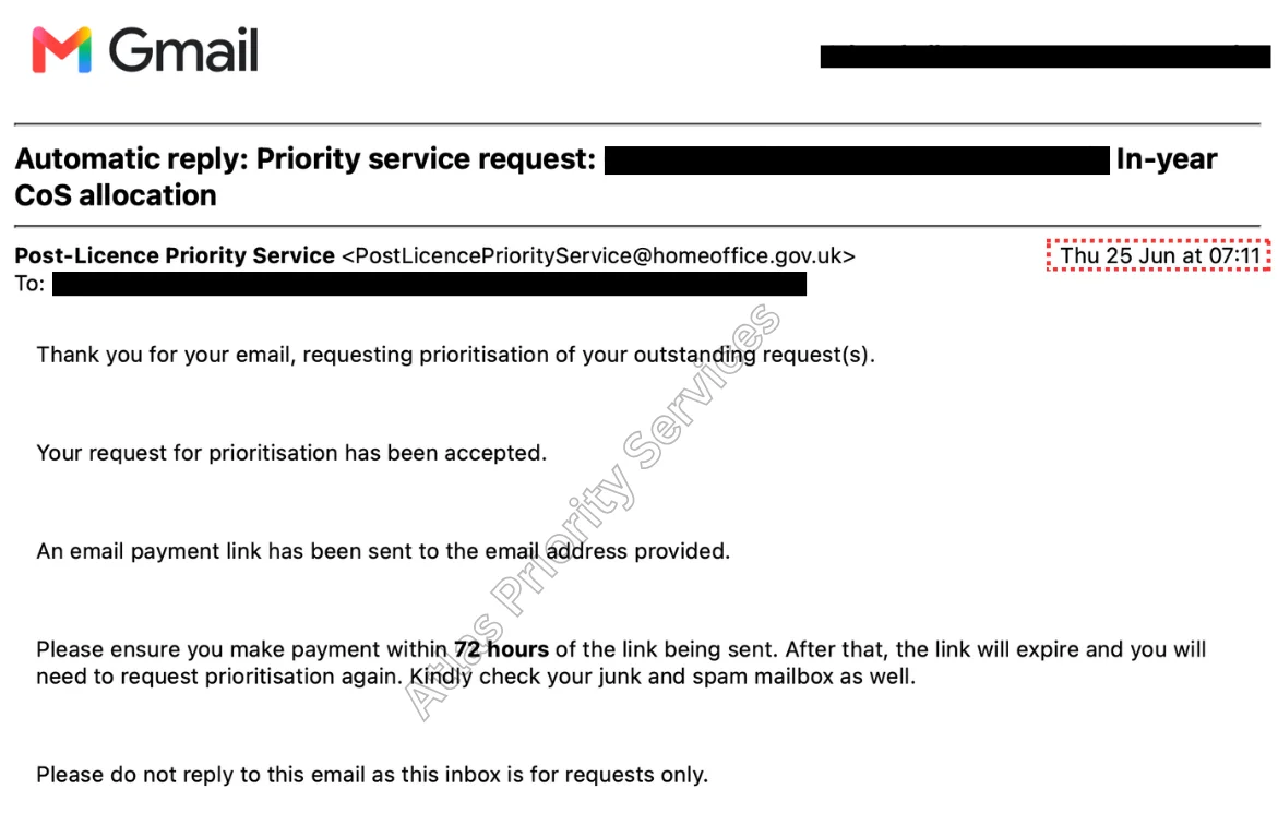 Priority service confirmation secured on 25 Jun 2026
